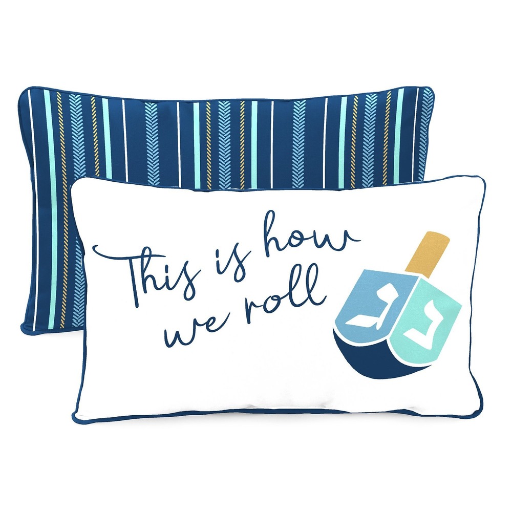 Mainstays "This is How We Roll" Hanukkah Dreidel Lumbar Pillow Blue‎ White
